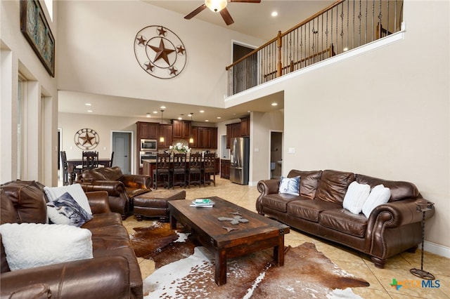 618 Oak Brook Dr, New Braunfels, TX 78132 - living area with light tile patterned floors, a towering ceiling, ceiling fan, and recessed lighting