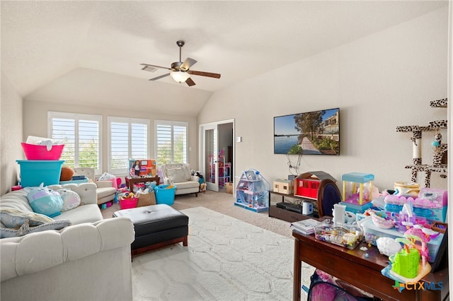 618 Oak Brook Dr, New Braunfels, TX 78132 - living area featuring carpet, a ceiling fan, and vaulted ceiling