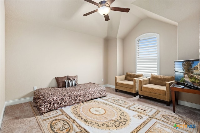 618 Oak Brook Dr, New Braunfels, TX 78132 - bedroom with carpet, baseboards, lofted ceiling, and a ceiling fan