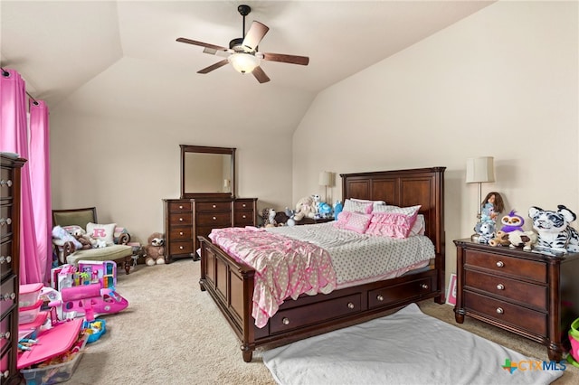 618 Oak Brook Dr, New Braunfels, TX 78132 - bedroom with light carpet, vaulted ceiling, and a ceiling fan
