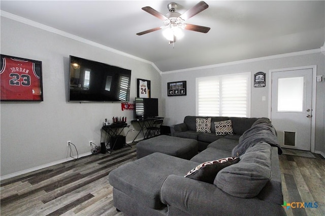 2711 Curtis Dr, Copperas Cove, TX 76522 - living area with crown molding, wood finished floors, and a ceiling fan