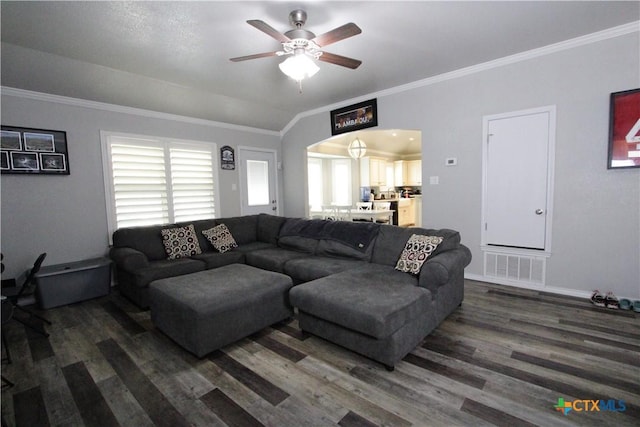 2711 Curtis Dr, Copperas Cove, TX 76522 - living area with wood finished floors, ornamental molding, and a ceiling fan