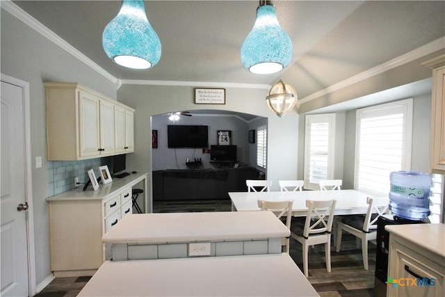 2711 Curtis Dr, Copperas Cove, TX 76522 - kitchen featuring ornamental molding, tasteful backsplash, light countertops, dark wood-style floors, and vaulted ceiling