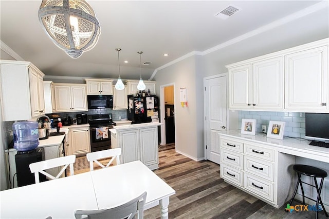 2711 Curtis Dr, Copperas Cove, TX 76522 - kitchen with black appliances, tasteful backsplash, crown molding, light countertops, and dark wood-style flooring