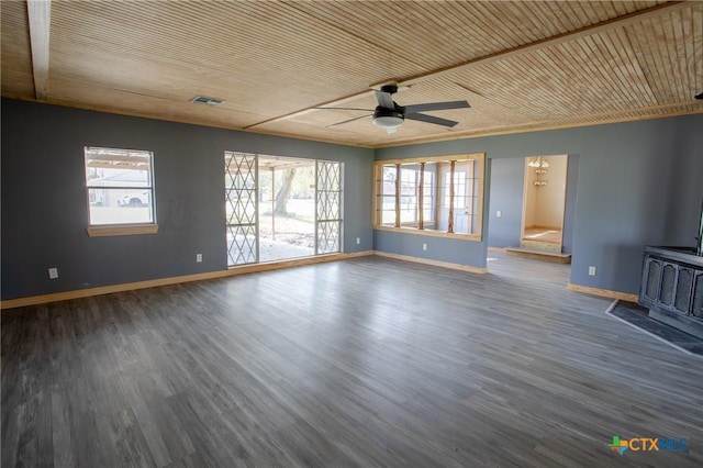 unfurnished living room with wood ceiling, wood-type flooring, ceiling fan with notable chandelier, and a wood stove