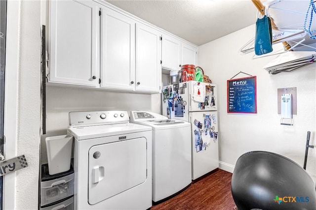 13755 N Lone Star Pkwy, Valley Mills, TX 76689 - clothes washing area featuring baseboards, dark wood-type flooring, cabinet space, and washer and clothes dryer