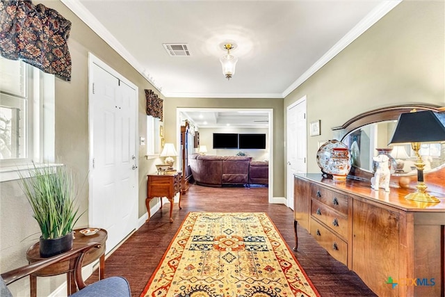 13755 N Lone Star Pkwy, Valley Mills, TX 76689 - hallway with crown molding, visible vents, baseboards, and dark wood-style floors