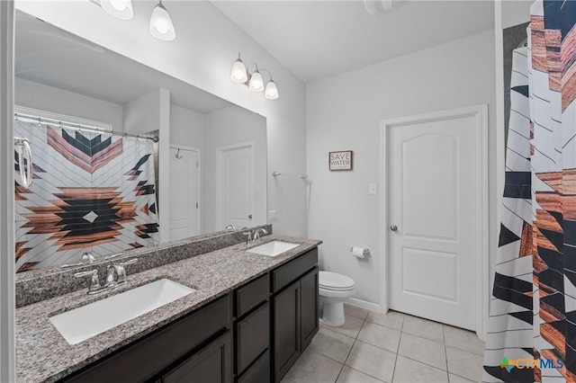 372 Poplin Ln, Troy, TX 76579 - full bath featuring tile patterned flooring, double vanity, toilet, and a shower with shower curtain