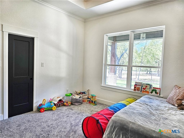 carpeted bedroom with crown molding