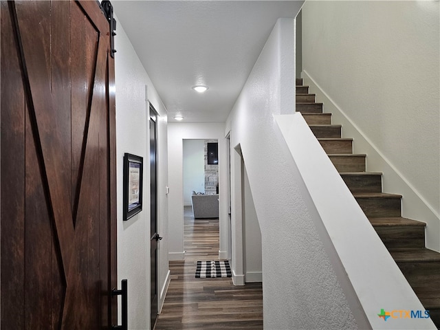 hallway with a barn door and dark wood-type flooring