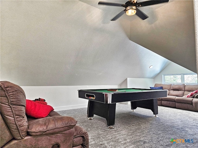 rec room with carpet, vaulted ceiling, ceiling fan, a textured ceiling, and pool table