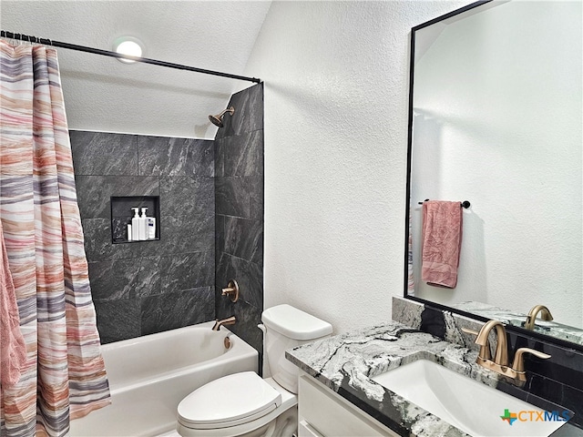 full bathroom with shower / bath combination with curtain, toilet, a textured ceiling, and vanity