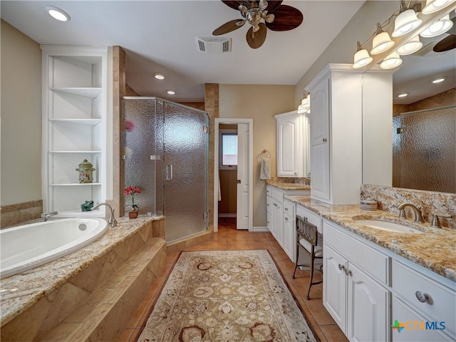 bathroom featuring ceiling fan, tile patterned floors, vanity, and separate shower and tub