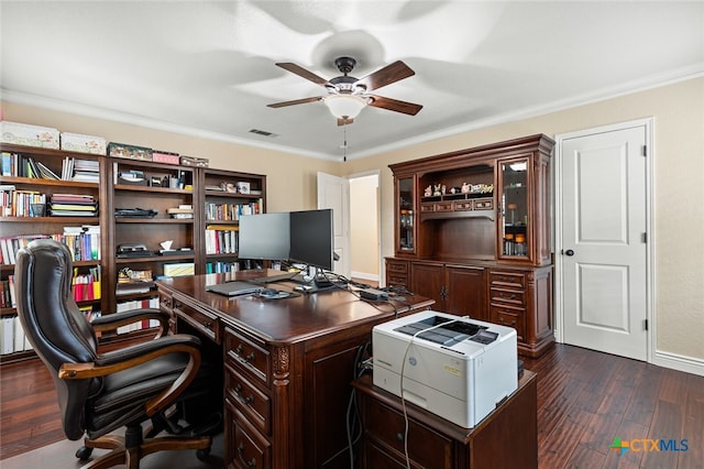 home office with crown molding, dark hardwood / wood-style floors, and ceiling fan