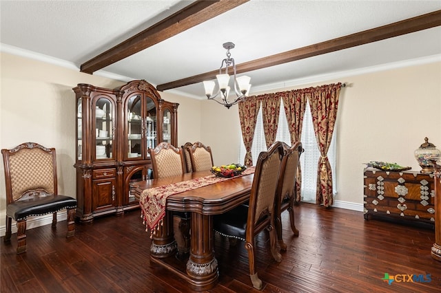 dining space with ornamental molding, dark hardwood / wood-style floors, beam ceiling, and an inviting chandelier