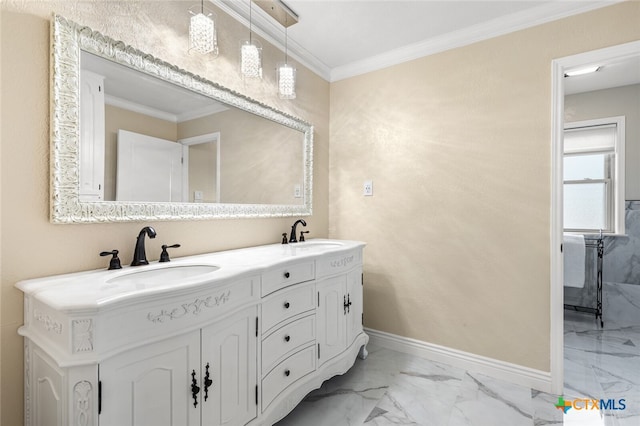 bathroom featuring vanity and ornamental molding