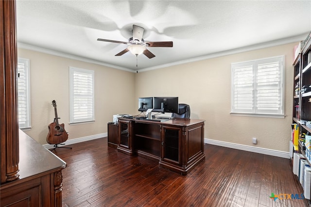 office space featuring ceiling fan, dark hardwood / wood-style floors, and crown molding