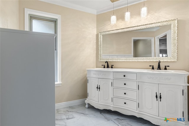 bathroom with vanity and crown molding