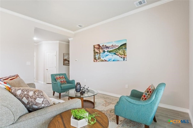 living room with ornamental molding