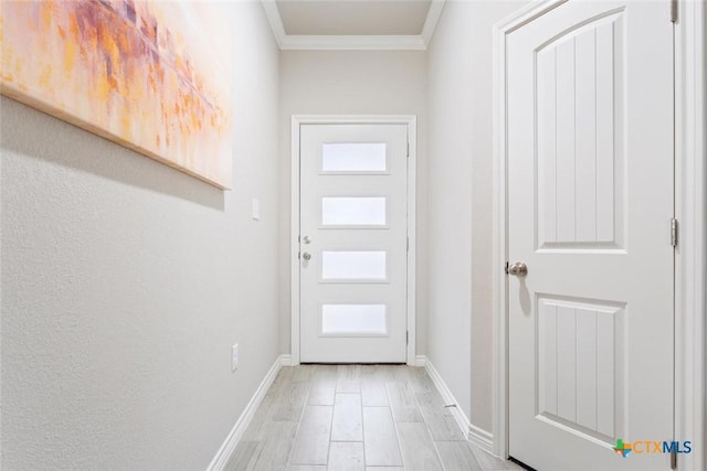 doorway featuring light hardwood / wood-style floors and ornamental molding