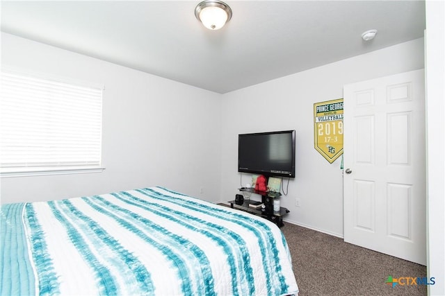 bedroom featuring dark carpet