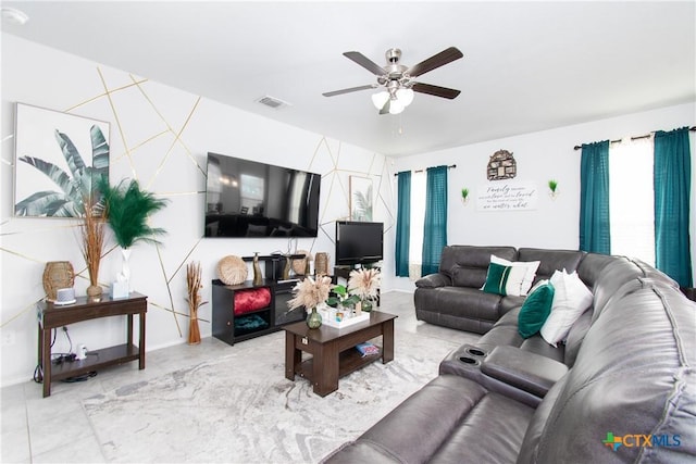 living room with ceiling fan