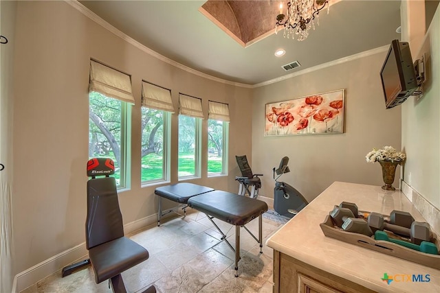 home office featuring crown molding, recessed lighting, visible vents, a chandelier, and baseboards