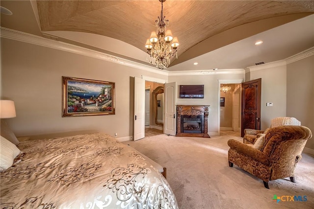 bedroom with light carpet, baseboards, lofted ceiling, ornamental molding, and a fireplace