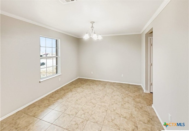 empty room featuring crown molding and a notable chandelier