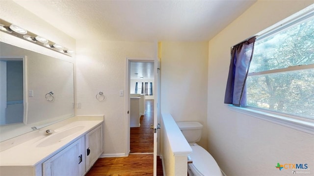 bathroom with vanity, a healthy amount of sunlight, toilet, and wood-type flooring