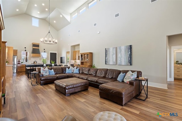 200 County Road 246, Florence, TX 76527 - living area with high vaulted ceiling, a chandelier, light wood finished floors, recessed lighting, and healthy amount of natural light