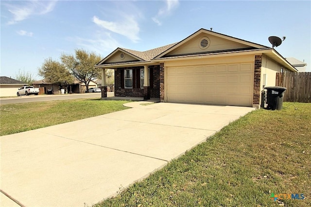 ranch-style house with concrete driveway, a front yard, brick siding, a garage, and fence