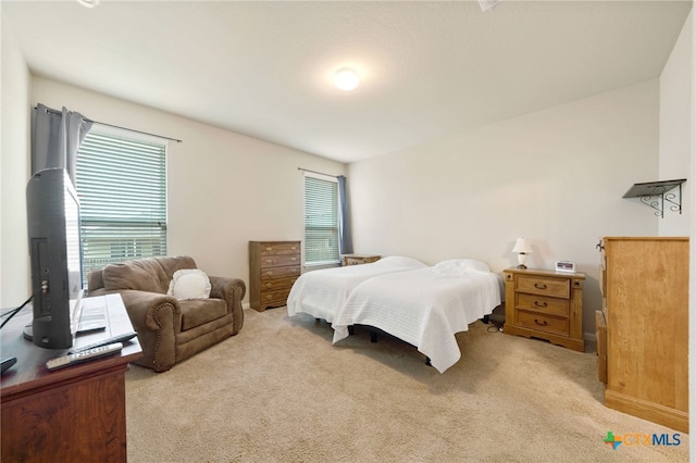 bedroom with light carpet