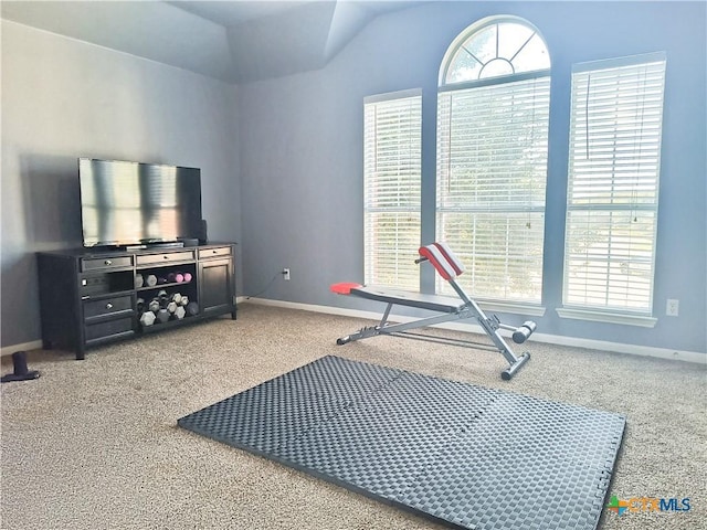 workout room featuring carpet and vaulted ceiling