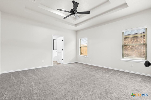 carpeted empty room with a wealth of natural light, a raised ceiling, and ceiling fan