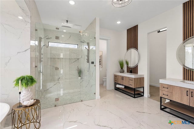 2637 Campestres, Spring Branch, TX 78070 - full bath with toilet, a marble finish shower, vanity, marble tiled floors, and recessed lighting