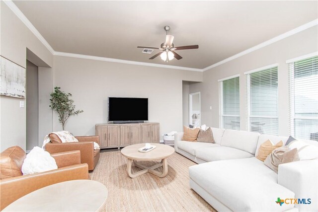 10207 Six Shooter Ln, Temple, TX 76502 - living room featuring ornamental molding and ceiling fan