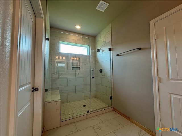 full bath featuring recessed lighting, a stall shower, marble finish floor, visible vents, and baseboards