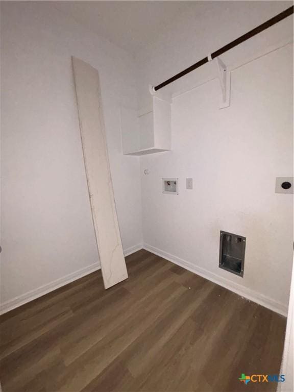 laundry area with electric dryer hookup, baseboards, hookup for a washing machine, dark wood-style flooring, and laundry area
