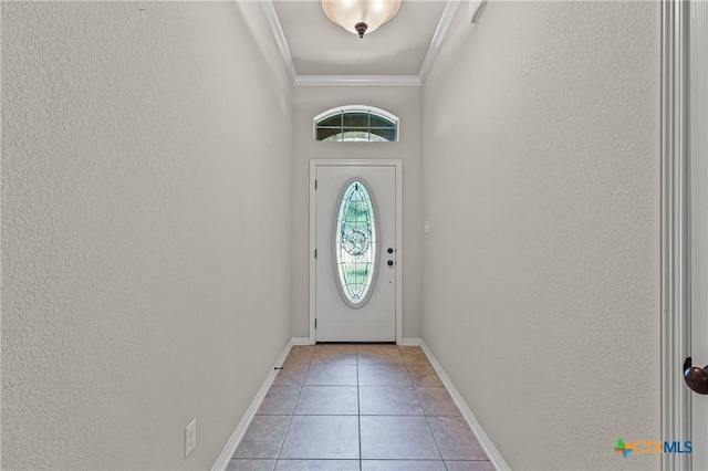 519 Gianotti Ct, Temple, TX 76502 - doorway featuring a textured wall, light tile patterned floors, and crown molding
