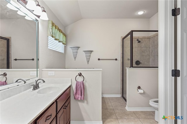 519 Gianotti Ct, Temple, TX 76502 - full bath with vanity, a stall shower, tile patterned floors, and vaulted ceiling