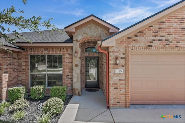 519 Gianotti Ct, Temple, TX 76502 - doorway to property featuring brick siding, roof with shingles, and an attached garage