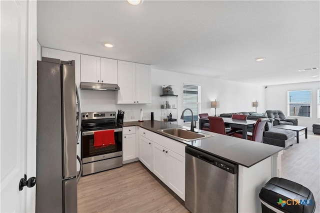 kitchen featuring a peninsula, a sink, under cabinet range hood, appliances with stainless steel finishes, and dark countertops