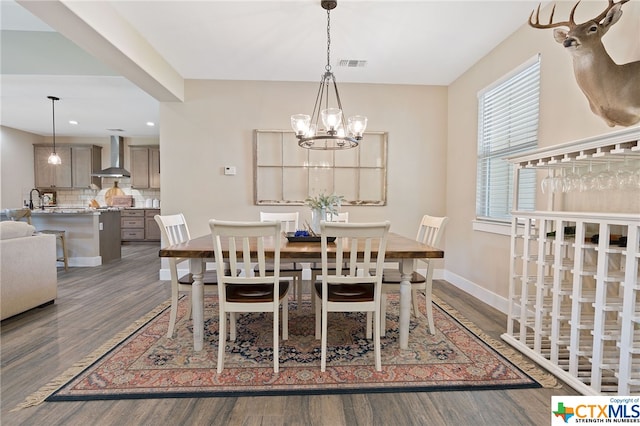 dining room with dark hardwood / wood-style floors, a chandelier, and sink