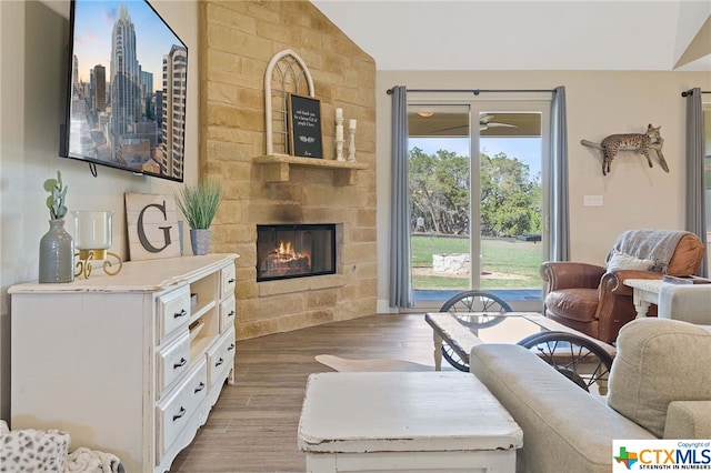 living room featuring a fireplace, dark hardwood / wood-style flooring, and lofted ceiling