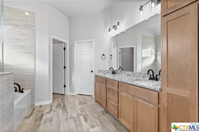 bathroom with a washtub, vanity, and wood-type flooring