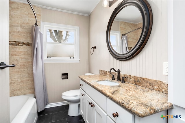 full bathroom featuring tile patterned flooring, toilet, vanity, shower / bath combination with curtain, and crown molding