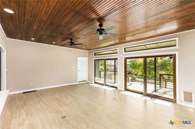 unfurnished room with ceiling fan, wooden ceiling, wood finished floors, and baseboards