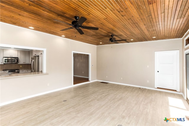 unfurnished living room with baseboards, recessed lighting, wood ceiling, and light wood-style floors