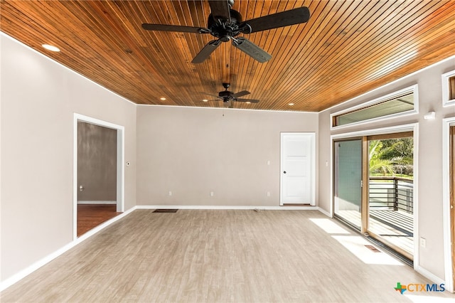 empty room with light wood-style floors, recessed lighting, wood ceiling, and baseboards